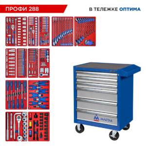 Набор инструментов 288 предметов, «ПРОФИ 288», в синей тележке МАСТАК 52-06288B